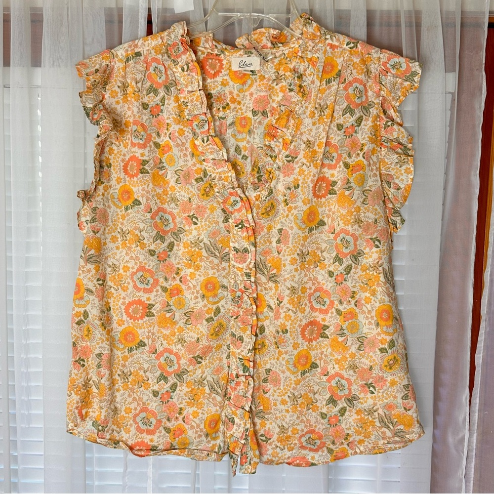 Elan Printed Sleeveless Ruffle Edge Top